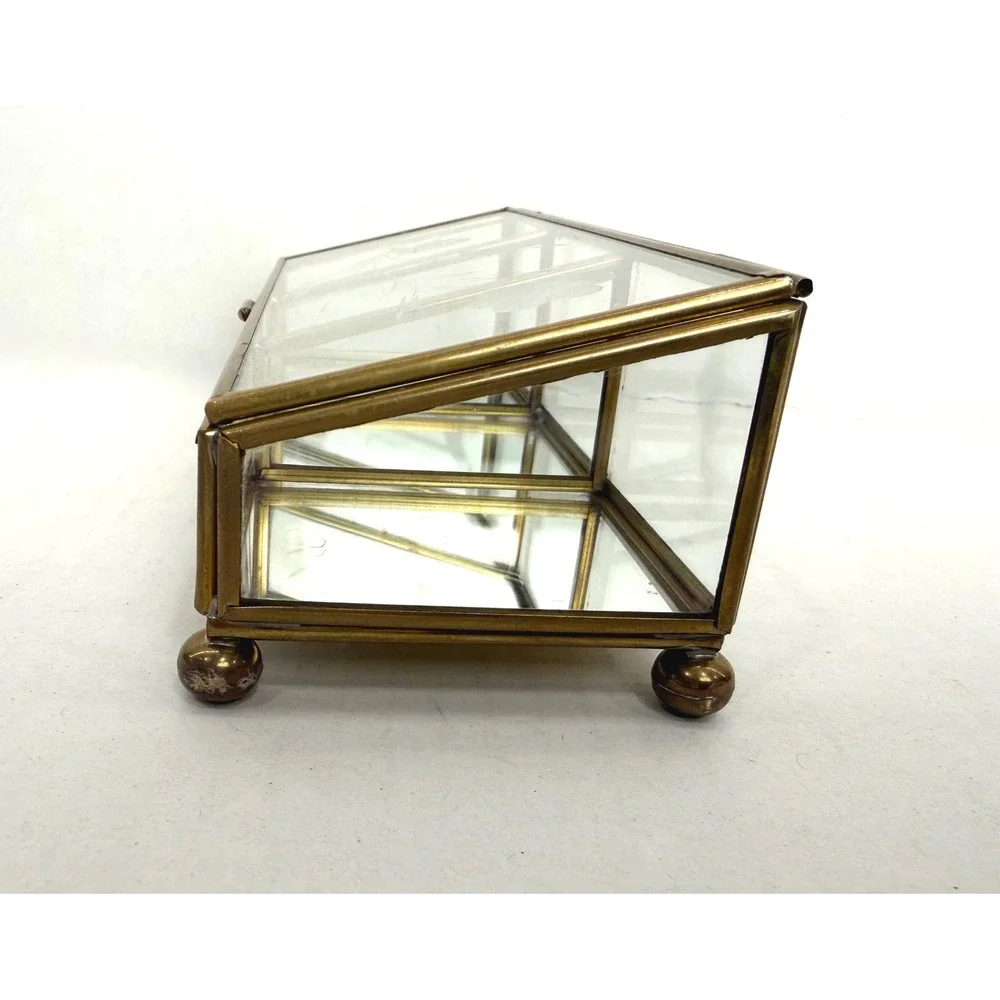 Jewelry Box Etched Glass Brass Mirror Small Gold Vintage 3-Section